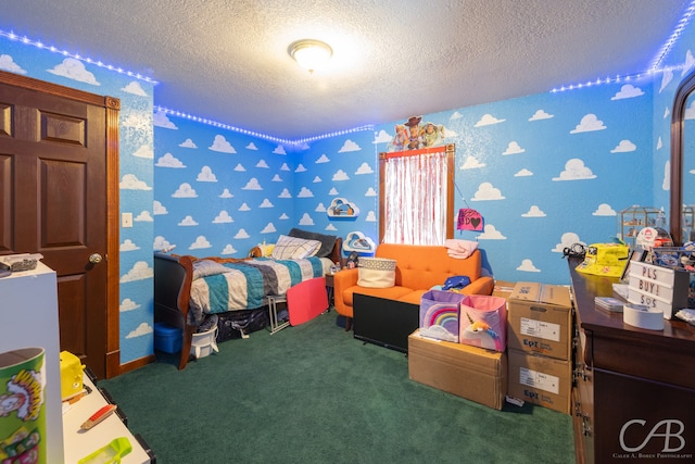 carpeted bedroom with a textured ceiling