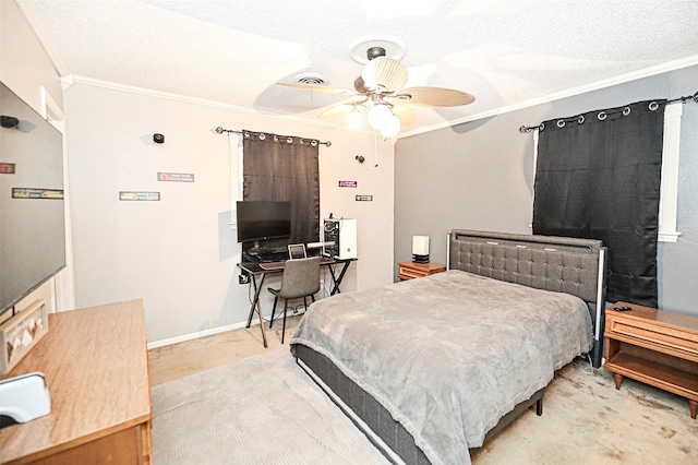 bedroom featuring crown molding, a textured ceiling, and ceiling fan