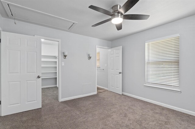 unfurnished bedroom with a closet, ceiling fan, a spacious closet, and carpet