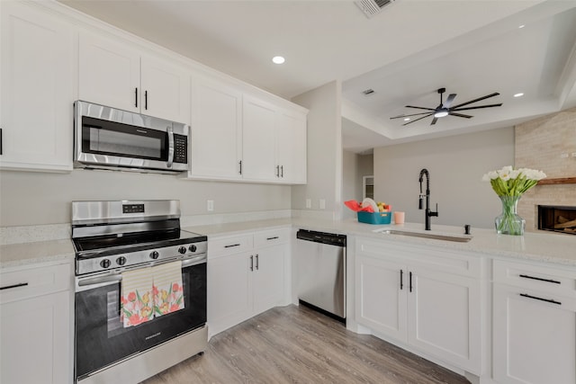 kitchen featuring sink, light wood-type flooring, appliances with stainless steel finishes, a tray ceiling, and ceiling fan