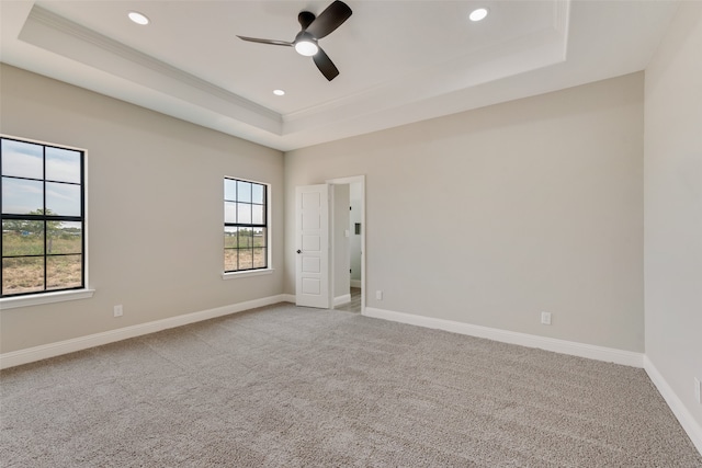 carpeted spare room with ceiling fan and a raised ceiling