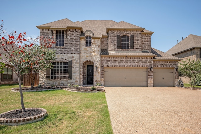 view of front of house featuring a front lawn and a garage