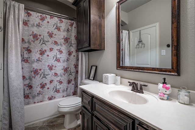 full bathroom featuring tile patterned floors, shower / bath combination with curtain, vanity, and toilet