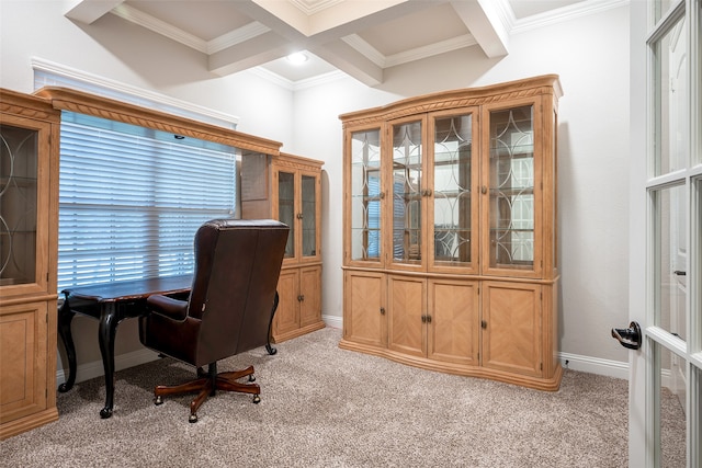 carpeted office with coffered ceiling, beamed ceiling, crown molding, and french doors