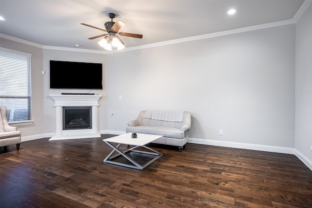 interior space featuring ceiling fan, dark hardwood / wood-style floors, and ornamental molding