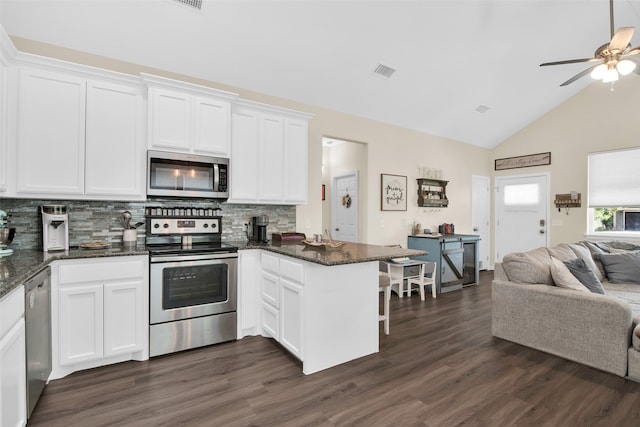 kitchen with dark hardwood / wood-style flooring, decorative backsplash, white cabinets, and stainless steel appliances