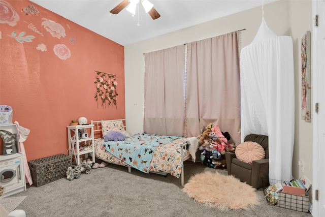 bedroom with ceiling fan and carpet flooring