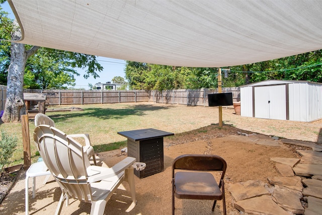 view of patio featuring a shed