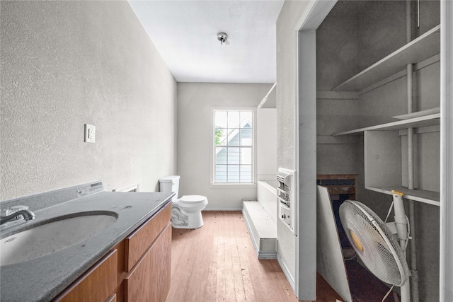 bathroom featuring toilet, vanity, and wood-type flooring