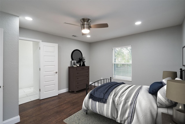 bedroom with dark wood finished floors, recessed lighting, visible vents, ceiling fan, and baseboards