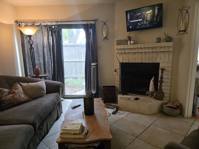 tiled living room with a wealth of natural light and a brick fireplace