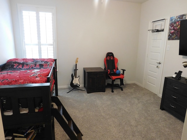 bedroom featuring light colored carpet