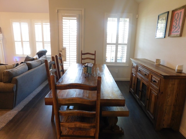 dining space featuring dark wood-type flooring and a healthy amount of sunlight