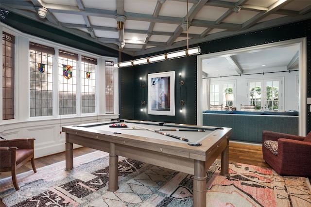 game room featuring billiards, beam ceiling, hardwood / wood-style flooring, and coffered ceiling