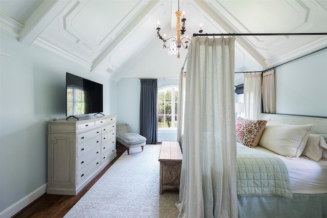 bedroom with lofted ceiling, an inviting chandelier, crown molding, and dark wood-type flooring