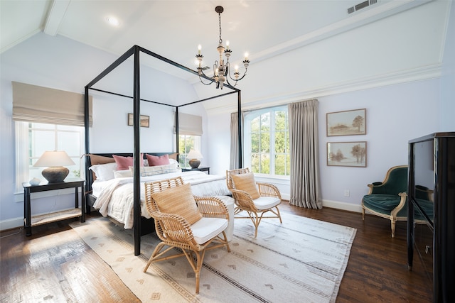 bedroom with hardwood / wood-style flooring, a notable chandelier, high vaulted ceiling, and beam ceiling