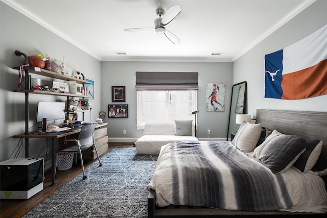 bedroom featuring ceiling fan, dark hardwood / wood-style flooring, and ornamental molding