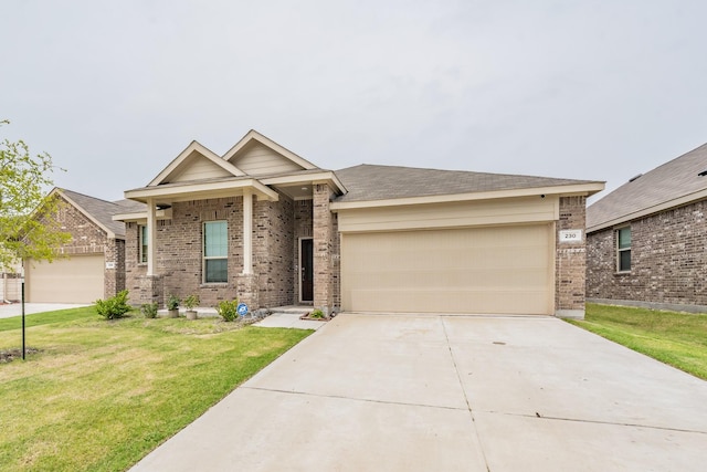 view of front of property featuring a front yard, an attached garage, concrete driveway, and brick siding