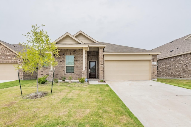 ranch-style house featuring a front lawn, a garage, concrete driveway, and brick siding