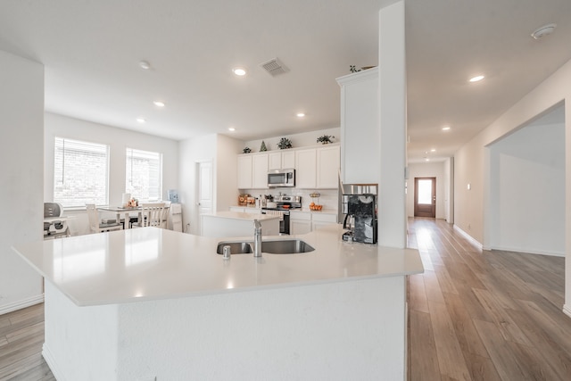 kitchen with appliances with stainless steel finishes, light hardwood / wood-style floors, sink, white cabinets, and kitchen peninsula