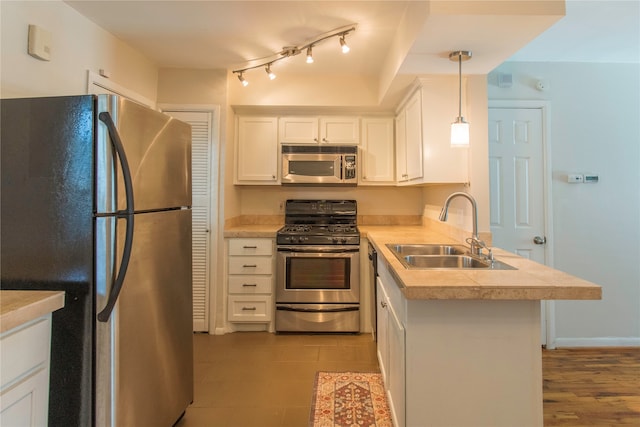 kitchen with hanging light fixtures, hardwood / wood-style flooring, appliances with stainless steel finishes, sink, and rail lighting