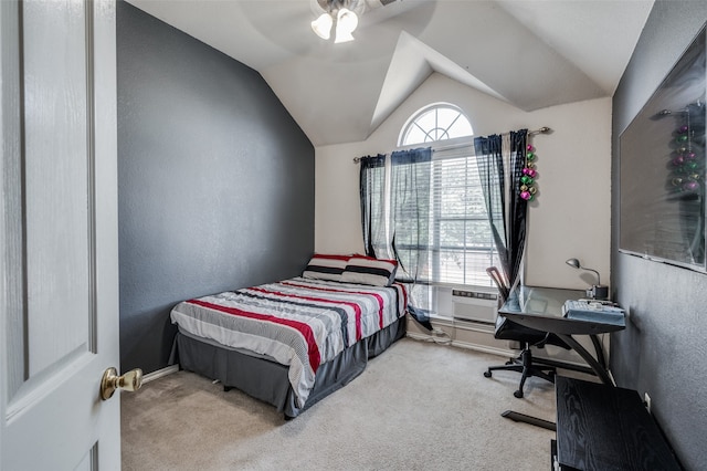 carpeted bedroom featuring ceiling fan and lofted ceiling