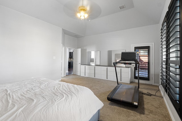 bedroom featuring ceiling fan and light carpet