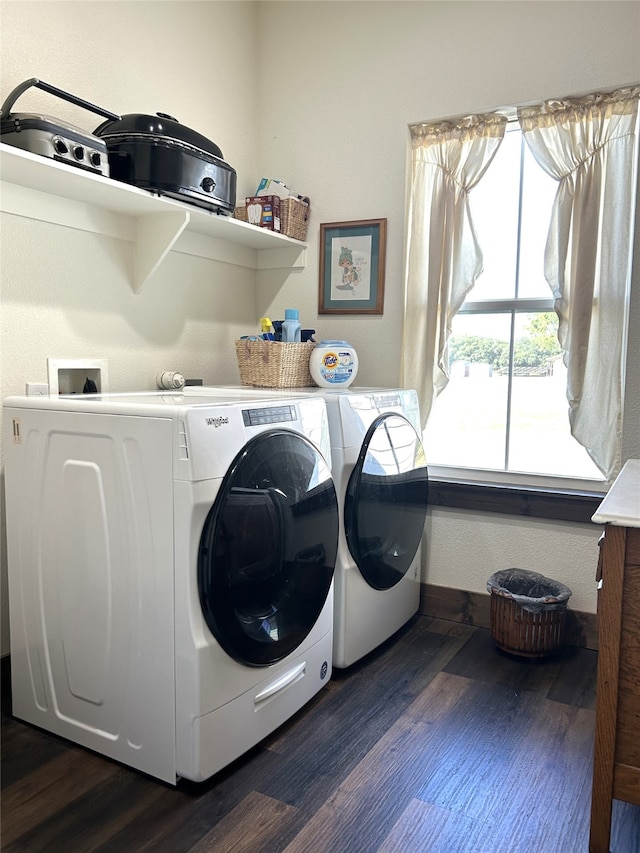 laundry room featuring washer and clothes dryer and dark hardwood / wood-style flooring