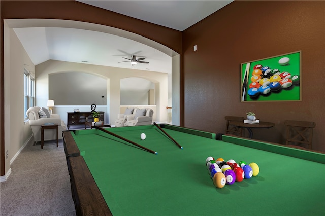 recreation room featuring pool table, carpet, vaulted ceiling, and ceiling fan