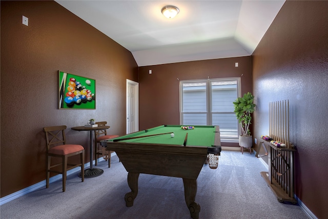 game room featuring billiards, lofted ceiling, and carpet flooring