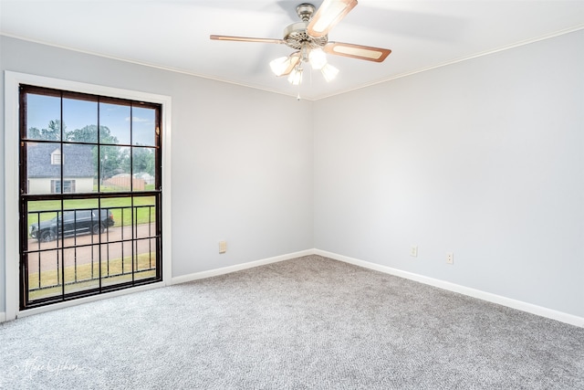 carpeted empty room with ceiling fan and ornamental molding