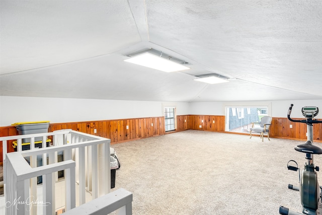 interior space with lofted ceiling, a textured ceiling, wooden walls, and carpet flooring