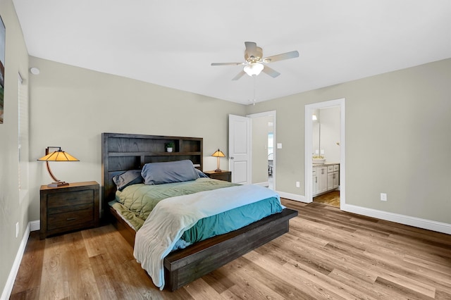 bedroom with ceiling fan, light hardwood / wood-style flooring, and ensuite bathroom