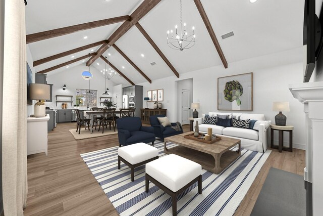 living room with beamed ceiling, light wood-type flooring, high vaulted ceiling, and an inviting chandelier