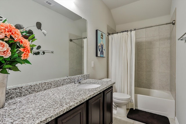 full bathroom with vanity, shower / bathtub combination with curtain, tile patterned flooring, toilet, and lofted ceiling