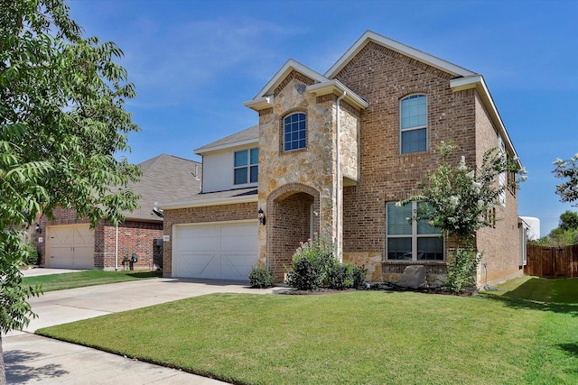 front facade featuring a garage and a front yard