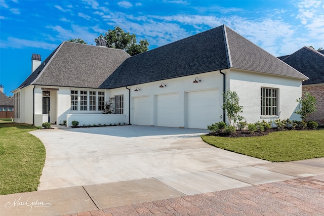 view of front of house featuring a garage and a front lawn