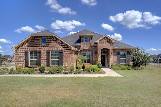 view of front facade featuring brick siding, a front lawn, and roof with shingles