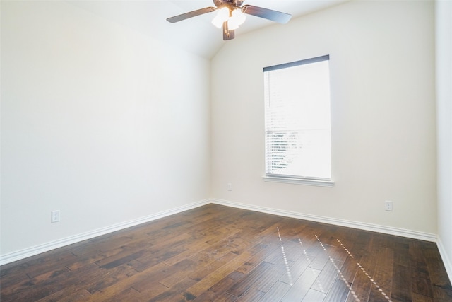 unfurnished room featuring ceiling fan, lofted ceiling, and dark wood-type flooring