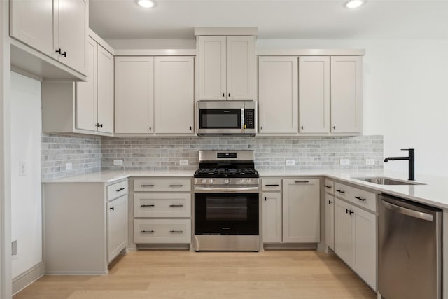 kitchen with stainless steel appliances, sink, decorative backsplash, and light wood-type flooring