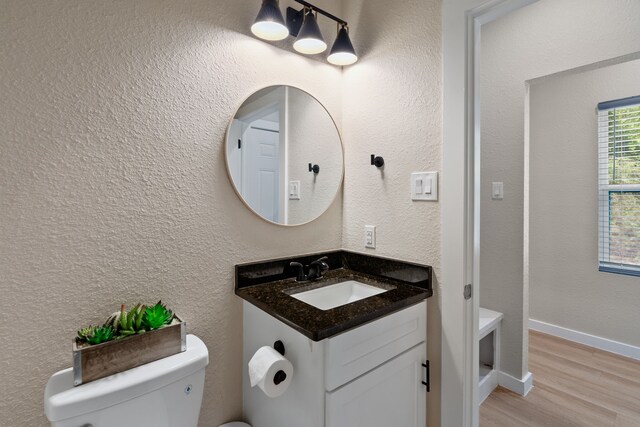 bathroom with wood-type flooring, toilet, and vanity