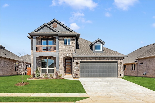 view of front of home featuring driveway, a balcony, an attached garage, a front yard, and brick siding