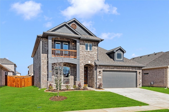 view of front facade with an attached garage, a balcony, brick siding, driveway, and a front lawn