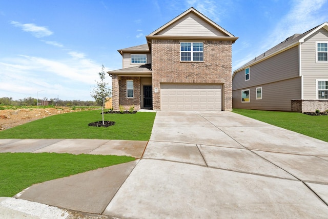 craftsman inspired home with a front yard, brick siding, driveway, and an attached garage