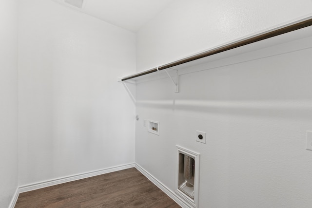 clothes washing area featuring hookup for an electric dryer, hookup for a washing machine, dark wood-type flooring, and hookup for a gas dryer