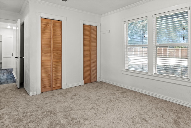 unfurnished bedroom featuring baseboards, multiple closets, carpet, and crown molding