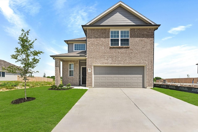 view of front facade with a garage, brick siding, fence, driveway, and a front lawn