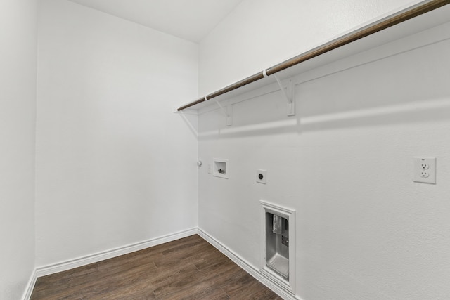 laundry area featuring hardwood / wood-style flooring, washer hookup, gas dryer hookup, and hookup for an electric dryer