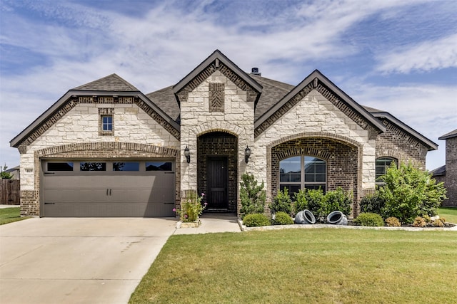 french provincial home with a garage and a front yard