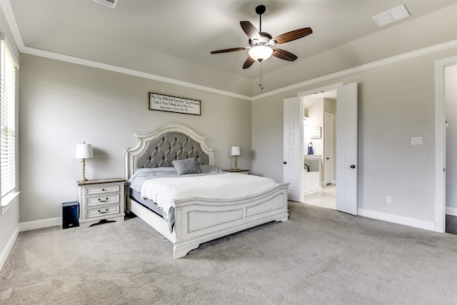 carpeted bedroom featuring ceiling fan and ornamental molding